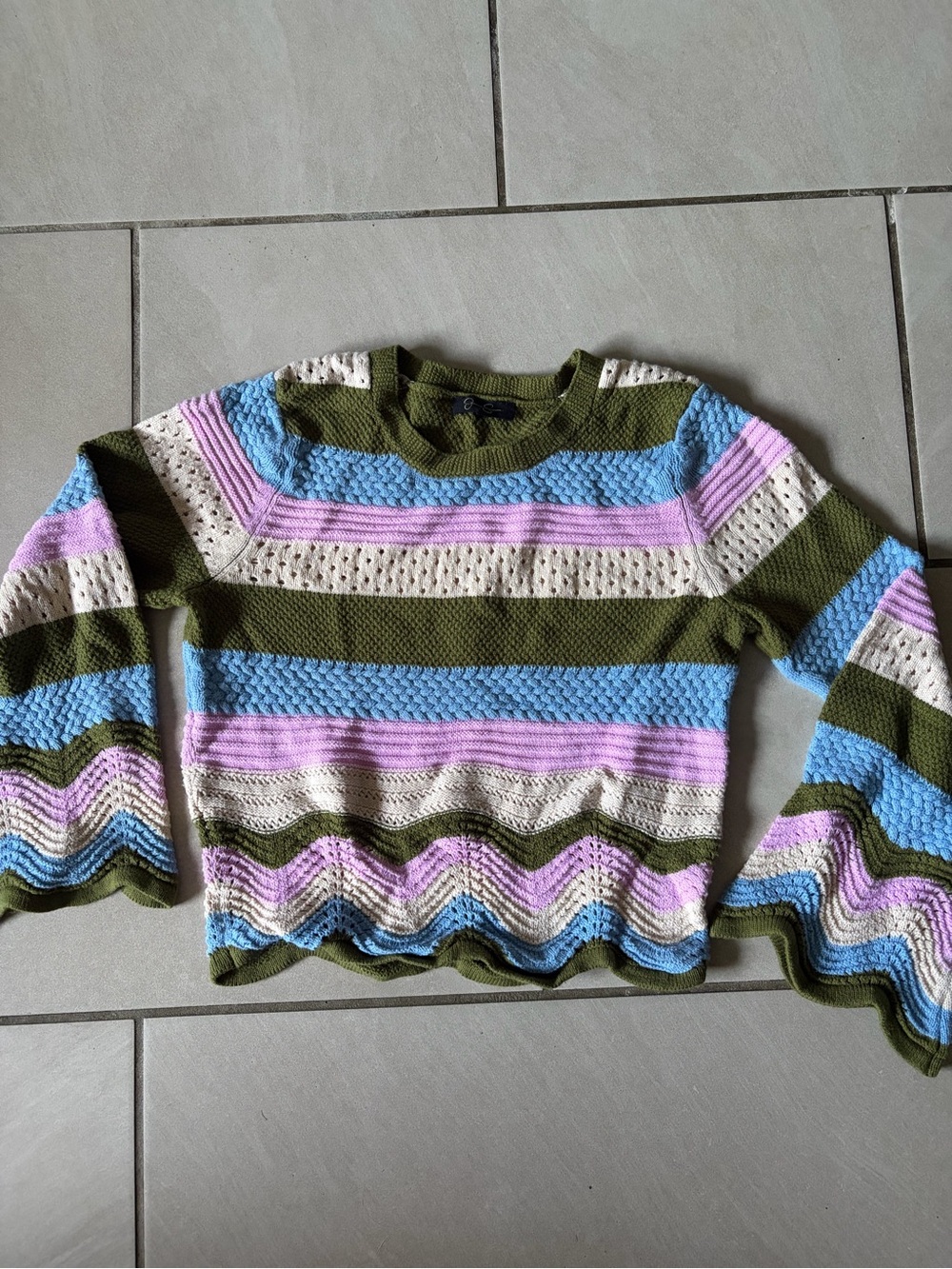 Jessica Simpson Women’s Olive Green Striped Knit Sweater with Pastel Accents